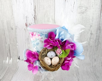 Pink and Blue Bird Nest Flower Garden Large Mini Top Hat Fascinator, Alice in Wonderland, Mad Hatter Tea Party, Derby Hat