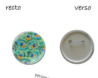 1 58 mm badge, feather, Peacock, bird, blue, green