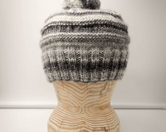 Hand Knitted "Tonal Toorie" beanie hat in shades of grey with sparkles
