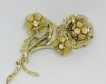 Vintage Rhinestone and Gold tone Carnation Brooch 1960s Flowers Stem Leaves