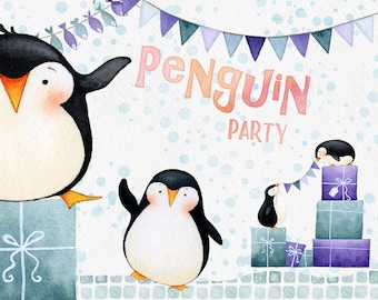 Penguin Party clipart, winter clipart, penguin clipart, digital paper, snow patterns, bunting, winter clip art, card template, present, gift