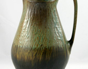 Handmade Stoneware Pitcher, Wheel Thrown and Altered, Green, Gold, and Black