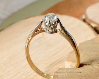 Antique 1/4 Carat 'old mine cut' diamond solitaire 18k yellow gold & platinum ring.