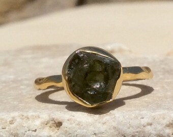Moldavite Gold Vermeil Ring, Raw Stone Ring, US 5 Raw Moldavite Ring, Rough Natural Gemstone, Gold Moldavite Ring, Natural Stone Gold Ring