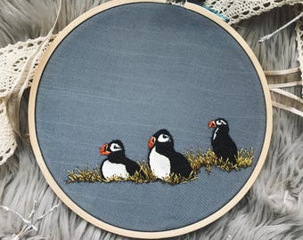 Embroidery Hoop Art, "Puffins"