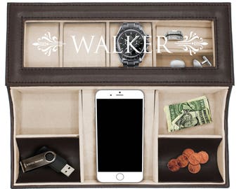 Personalized Valet Box, Monogrammed Valet Tray, Mens Catchall, Dresser Tray, Dresser Organizer, Valet Box Leather, Pocket Change Dish