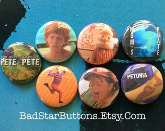 The Adventures of Pete and Pete Button Set, Nickelodeon, Artie, Petunia, Polaris, Big Pete, Little Pete, Tattoo,