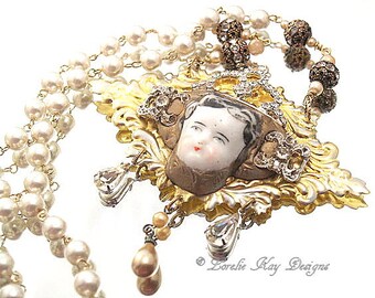 Queen For A Day Necklace Wearable Art Doll Pendant OOAK Statement Necklace Doll Head Assemblage Necklace Lorelie Kay Original