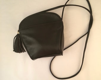 dark brown leather crossbody tassel bag 90s vintage small shoulder bag purse