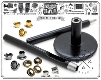 Set of EYELET Grommet SETTER Punch Tool Anvil and Hole Punch Cutter with 100pcs Eyelets Studs Multi Sizes Avialble