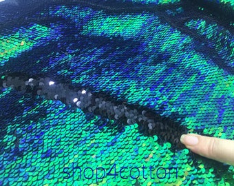MERMAID Reversible 5mm Sequin Fabric Flip Two Tone Stretch Material - 130cm wide - Iridescent Green Blue Black sequins