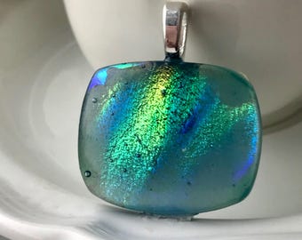 Blue, Green, Gold Fused Glass Pendant