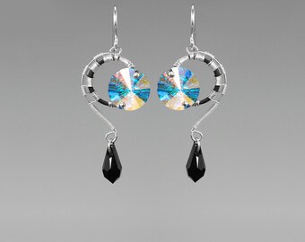 Swarovski Crystal Earrings, Industrial Earrings with Crystal AB Buttons, Black Crystal, Statement Earrings, Neutron Star II v4