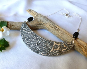 Half moon pendant, Sterling silver paisley necklace with oval twisted glass beads