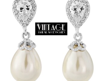 Pearl bridal earrings lacy pearl drop wedding earrings 50s style crystal pearl drop wedding bridal earrings