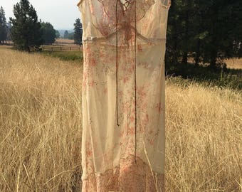 Floral Sheer Dress -Vintage Floral Print-Country-Boho-Sheer-Warm Colors-Size Small/Med