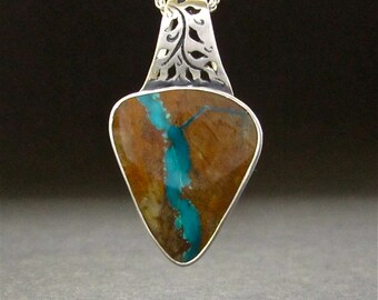 Turquoise Pendant, Nevada Boulder Turquoise Sterling necklace, OOAK handmade in USA