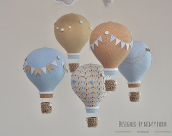 Beige Sky Blue White Hot Air Balloon Mobile Travel Theme Nursery Decor Custom Mobile World Map