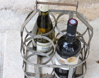 French Wine Bottle Carrier/Crate/Rack/Holder, Vintage Bottle Carrier For 4 Bottles, Nordic Living, Zinc Wine Basket, Porte-Bouteilles