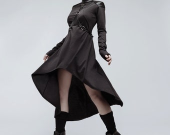 Gothic casual dress, goth closing, woman long sleeve jersey dress, high collar, body harness, faux leather, mermaid dress, asymmetrical