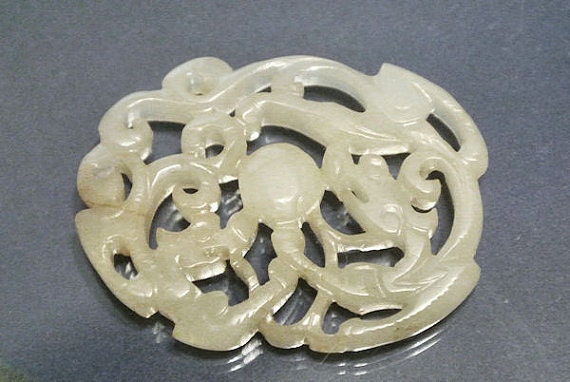 Carved White Jade / Lacy Openwork Pendant / Dragons
