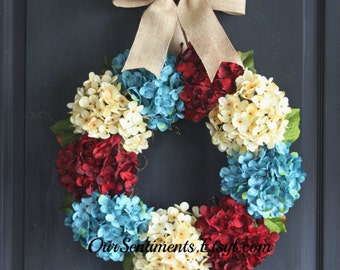 Order NOW for FREE RUSH processing and receive in time for the holiday! Hydrangea Wreath - Wreath for door -4th of July - Fourth of July