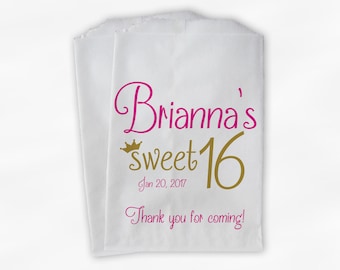 Sweet 16 Birthday Personalized Candy Buffet Bags - Hot Pink and Gold Thank You Custom Favor Bags with Crown - 25 Paper Treat Bags (0081)