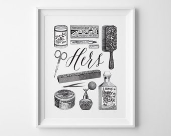 Vintage Bathroom Decor, Wife Gift for Her, Black and White Bathroom Wall Art, Her Vintage Toiletries Print, His and Hers Wedding Shower Gift