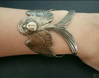 c1910 enchanting Art Nouveau Swallow Bird Cuff Bracelet with original patina. Fits all. Genuine antique.