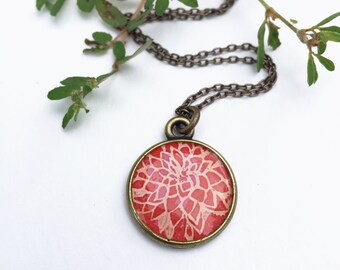 Red Dahlia Necklace, Original Painting of a Dahlia Flower, Red Art Pendant