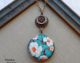 50% Off Antique Button Locket Necklace- Cherry Blossom