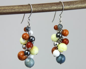 Nautical Stone Cluster - Colorful Rust Orange Yellow White Denim Blue Silver Stone Beaded Earrings - Preppy Ocean Sea Clusters