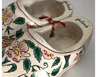 Vintage Pair of Miniature Dutch Holland Wooden Clogs, Pink Flowers