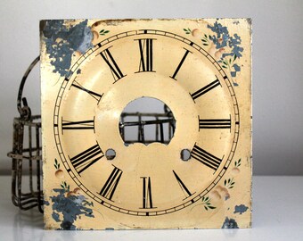 antique chippy metal square clock face, grandfather clock face, shabby decor, cottage decor, romantic decor, clock parts, clock restoration