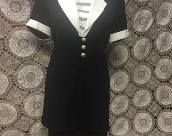 Vintage Dress 1980s Dress Danny And Nicole Dress Size 6 Petite Military Style Metal Buttons Padded Shoulders Black and White Retro office
