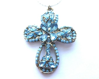 INFINITY Blue CROSS, Vintage Rhinestone & Seed Beads Cross, Blue Beaded Faux Gemstone Silver Cross, Blue and Silver Cross with Neck Chain