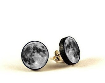 Full Moon - handmade stud earrings - decoupage, Full Moon Jewelry