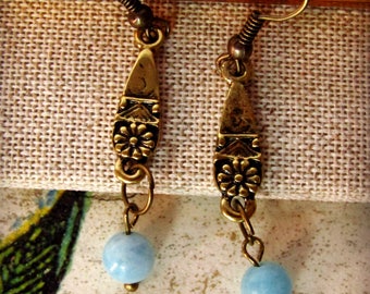 Adorable Aquamarine and Antique Gold Dangle Earrings