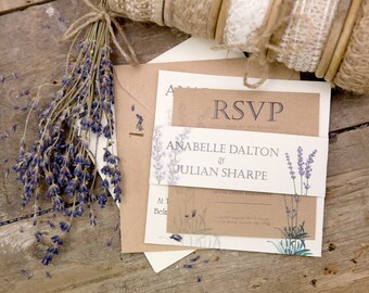 Lavender Wedding Invitation, RSVP & String Tie Envelopes full Set (25)