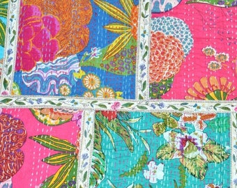 Indian Cotton Patchwork Fruit Print Kantha Quilt Kantha Throw Handmade Kantha Blanket Bed Cover made by kiran