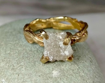Raw diamond Ring, 3 Carat Rough Diamond Engagement Ring, solid gold and diamond branch ring, diamond twig ring