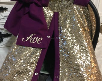 Gold sparkle car seat canopy with bow and name / carseat cover / carseat canopy / ooak / sequin / infant car seat cover / gold / sparkle