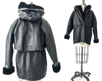 90s Clothing 90s VINTAGE Clothing BLACK Leather JACKET Women Black Leather Jacket Men Leather Parka 90s Grunge Clothing Grunge Clothes Large