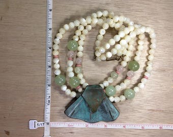 Vintage 16" Brass Mother Of Pearl Necklace Used