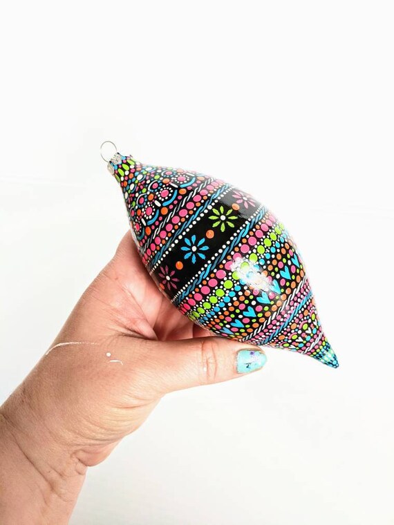 Hand painted glass ornament Finial Glass Ornament Hand painted water drop finial ornament colorful dot Painting neon
