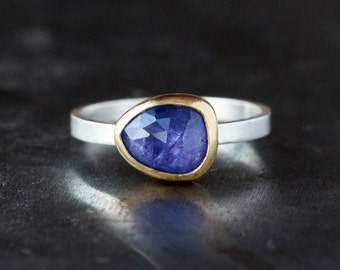 Rose Cut Tanzanite Ring, 22k Yellow Gold, Unique Engagement Ring, Sterling Silver Band, For Her, December Birthstone, Statement Ring