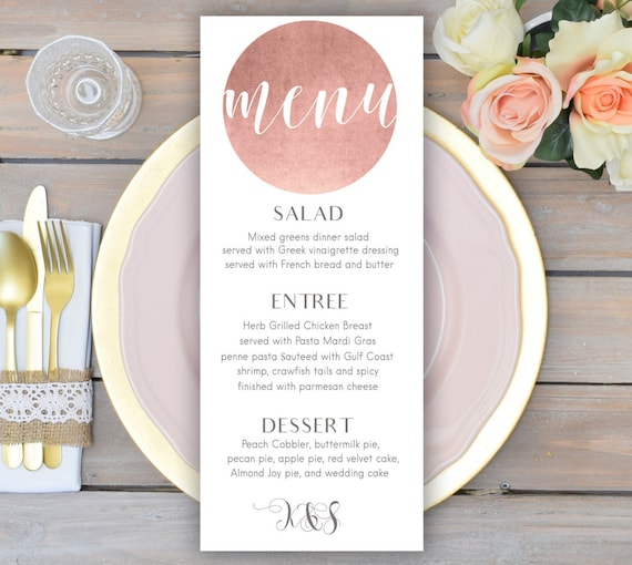 rose gold wedding menu card printable wedding menu