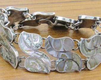Vintage Mexican Sterling Silver jewelry hand made Hecho en Mexico 10 linked panel bracelet with natural abalone shell inlay 925
