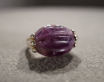 Vintage Sterling Silver Band Ring Bezel Set Fancy Carved Amethyst Fancy Raised Relief Setting Art Deco Style, Size 8
