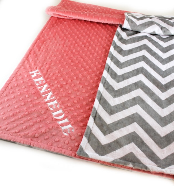 Personalized Baby Blanket, Baby shower gift, Baby Girl Coral Gray Chevron Minky Baby Blanket, Nursery Decor, Custom Baby Blanket, kids minky